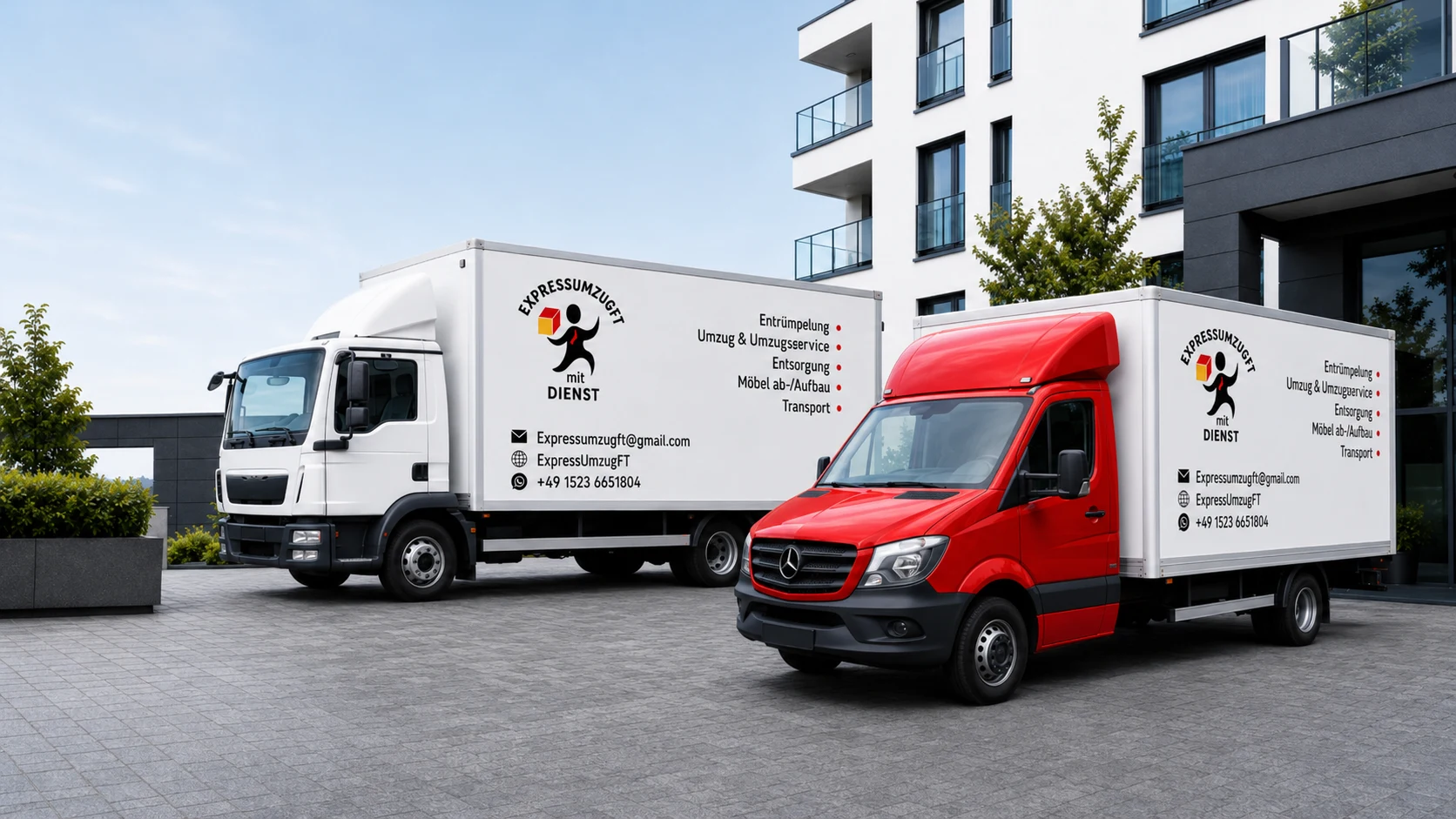 Weißer MAN TGL Koffer-LKW und roter Mercedes-Benz Sprinter Kofferwagen mit Express Umzug FT Logo